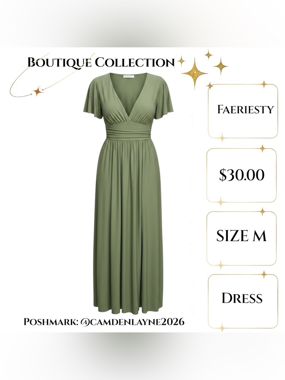 Green Maxi Dress with Flutter Sleeves and V-Neck - Picture 2 of 7